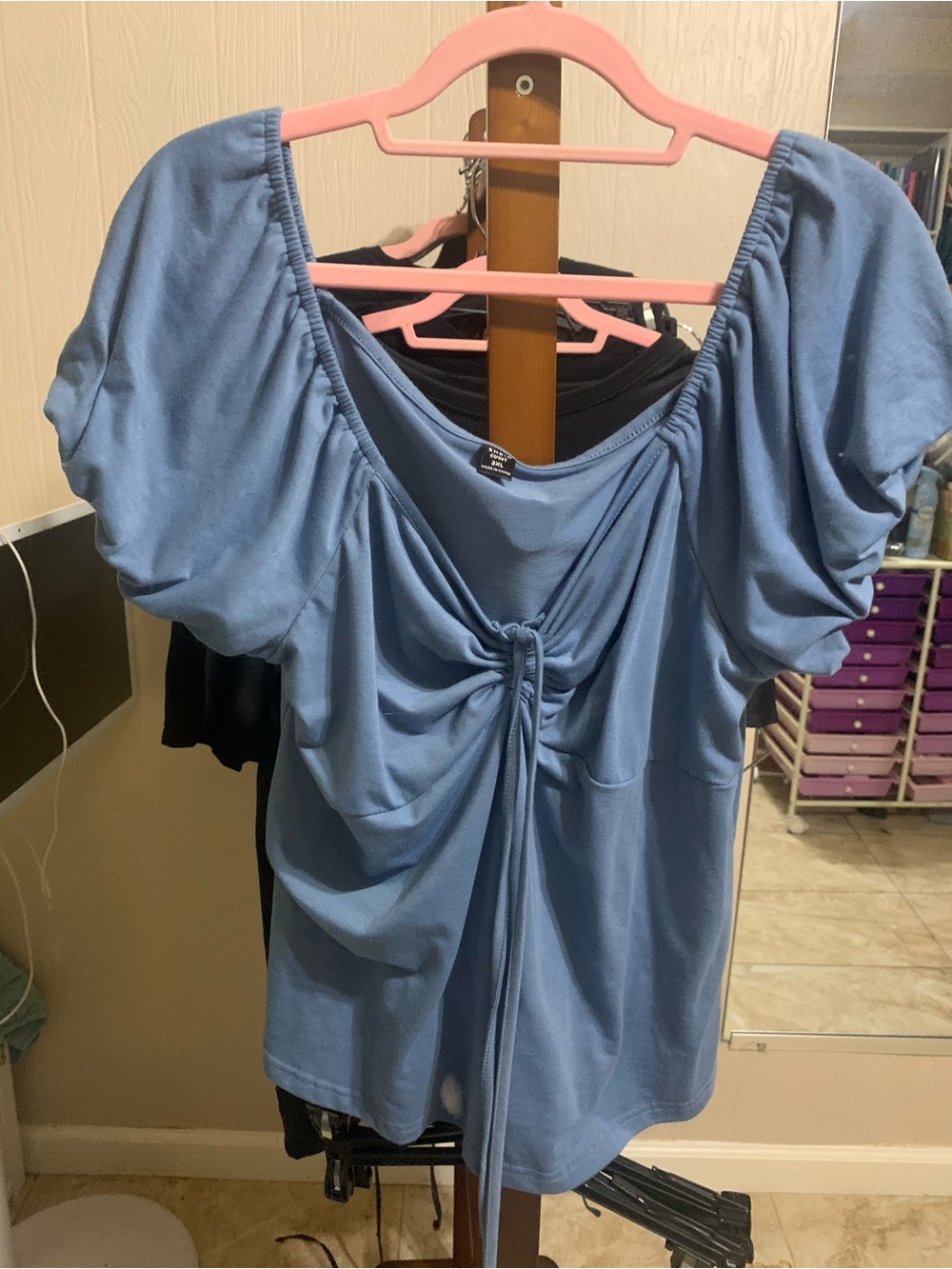 SHEIN Blue Ruched Tie Puff Sleeve Blouse